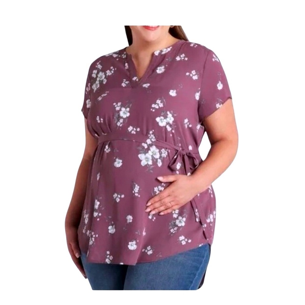 Full Moon Womens Maternity Plum Purple Floral Tie Waist‎ Tunic Top XL MT2006-SS8